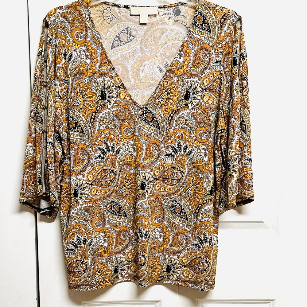 Michael Kors Mustard, Cream & Black Paisley V-Neck Tunic Size XL
